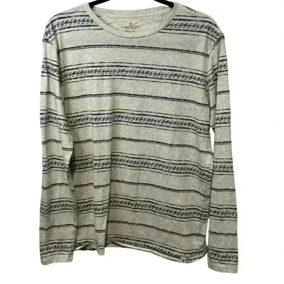 American Eagle Men's Gray Striped Long Sleeve Crew Neck T-Shirt Small - Picture 1 of 7